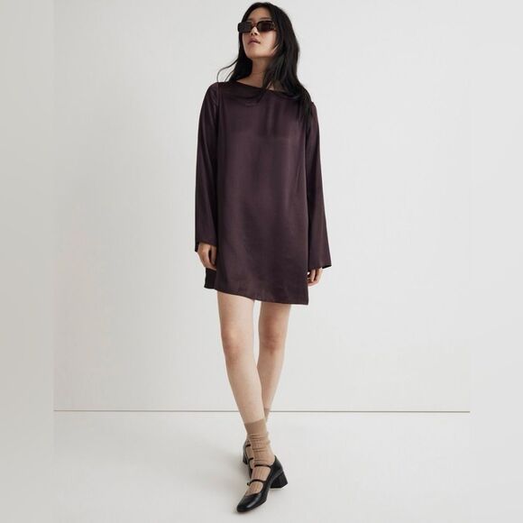 NWT Madewell Satin Shift Mini Dress Chocolate Raisin Size XXS - Picture 1 of 12